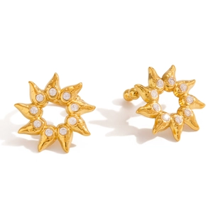 Luxury 18K gold-plated stainless steel sunburst earrings with sparkling crystals for women