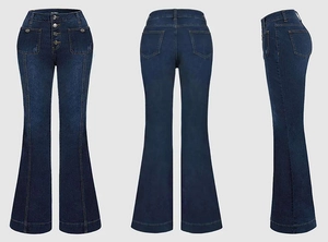 Detail showing multi-button fly and high-waisted design of dark blue flared jeans