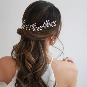 Silver leaf bridal hair chain with sparkling rhinestones for wedding hairstyles