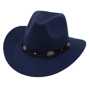 Navy blue western wool felt cowboy hat with leather band and embossed silver buckles