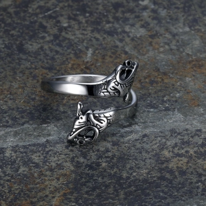 Adjustable viking double dragon head ring in vintage stainless steel finish