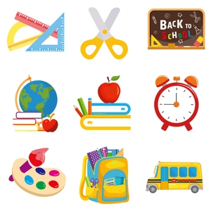 Detailed set of nine colorful back-to-school themed honeycomb tabletop decorations