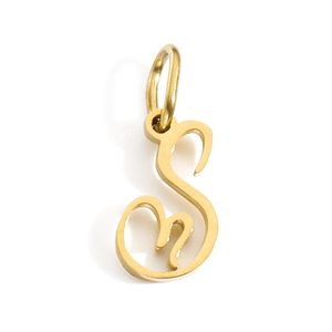 Detailed view of a polished gold stainless steel pendant featuring an artistic letter S