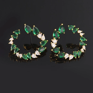 Luxurious gold C-shaped hoop earrings with green and white pear-cut cubic zirconia