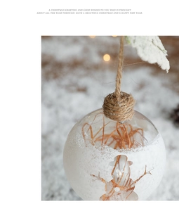 Macro shot of a clear Christmas bauble with dry hay filler and a rustic hemp rope hanger
