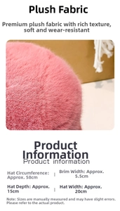 Détails du chapeau cloche en fausse fourrure rose montrant la texture douce et les mesures