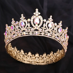 Elegant gold bridal crown with colorful rhinestones in a full round crystal design