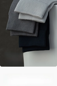 Close-up of ribbed knit texture and elastic cuffs on business crew socks for men