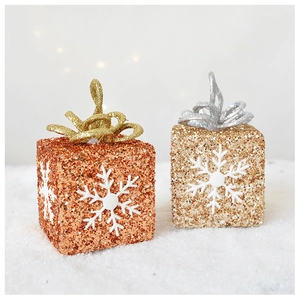 Sparkling Christmas gift box ornaments with glitter finish and 3D snowflake details