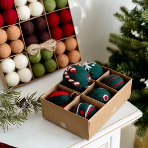 Handmade Christmas wool felt ball ornaments set in gift box for holiday tree decoration
