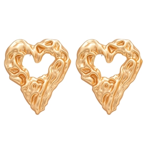 Minimalist gold heart earrings with vintage molten metal texture and wrinkled design