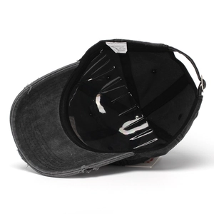 Unisex washed black cotton baseball cap with vintage embroidery and distressed brim