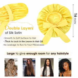 Detail of 16-inch yellow double-layered satin hair bonnet showing size and hair protection