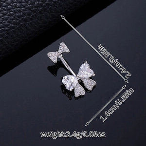 Detail view of butterfly belly ring with heart zircons including size and weight specs