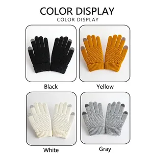 Detail of touchscreen knitted gloves in four colors with ribbed cuffs for winter warmth