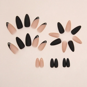 Almond-shaped press-on nails set featuring matte black and pink glitter French design