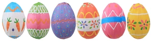 Close-up of six colorful Easter eggs with floral and carrot patterns on white background
