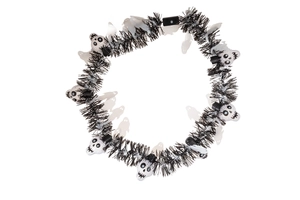 Close-up of Halloween LED garland with black tinsel and white plastic ghosts