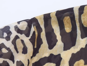 Detail of sheer leopard print mesh fabric showing the fine texture and material
