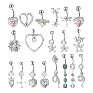 Detailed grid of silver navel rings featuring diverse heart, snake, and butterfly charms