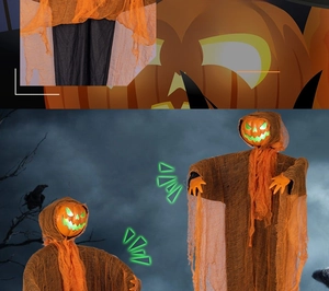 Detail of Halloween pumpkin ghost with glowing eyes and tattered gauze fabric texture