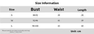 Size chart showing bust, waist, and length measurements for the fringe camisole top