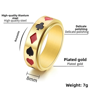 Vue détaillée de la bague rotative de 8mm en acier titane doré avec symboles poker
