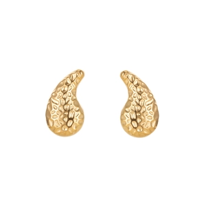 Detailed view of golden drop earrings with unique hammered metal texture and glossy finish