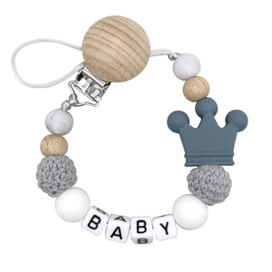 Silicone and beech wood pacifier clip with crown teether and BABY letter beads