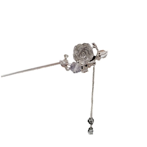 Silver ink wash floral hair pin with purple gradient flowers and metal tassels