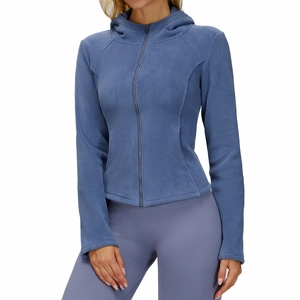 Slim fit fleece hooded jacket for women with full zipper in dusty blue for outdoor sports