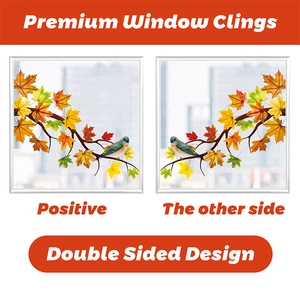 Double sided autumn window clings featuring maple leaves and cute birds for glass decor