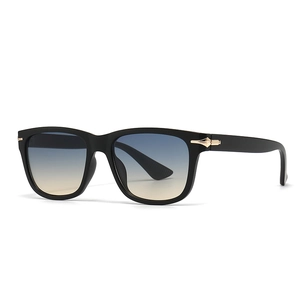 Classic black square frame sunglasses with blue-yellow gradient lenses and gold arrow hinges