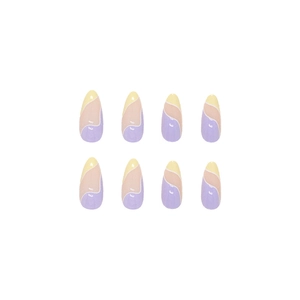 Long almond press on nails with yellow pink and purple wave patterns on white background