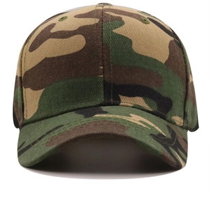 Close-up of jungle camouflage baseball cap featuring six-panel build and curved brim