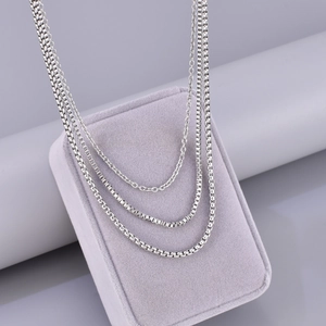 Three-layer silver stainless steel curb and box chain necklace for women