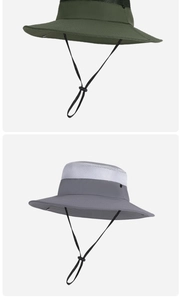 Detail of outdoor sun hats featuring breathable mesh vents and adjustable windproof cords