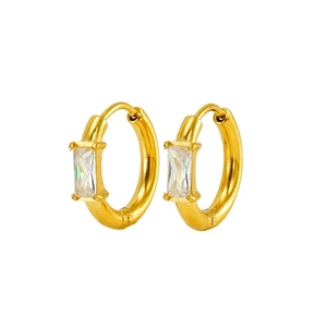 Minimalist gold plated stainless steel hoop earrings with square zircon stones on white base