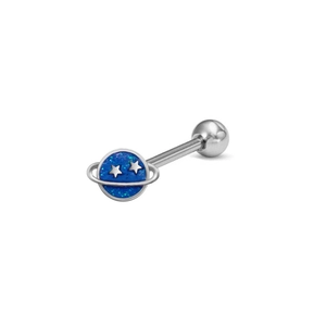 Detailed close-up of blue planet tongue ring with silver stars on stainless steel bar