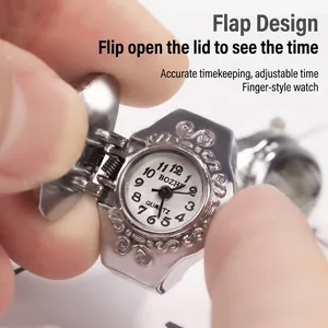 Vintage floral engraved silver flip cover finger ring watch with quartz dial for women