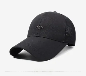 Detail view of black mesh baseball cap with mountain logo and breathable fabric