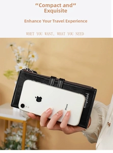 Size comparison of a black leather long zip wallet next to a mobile phone for scale