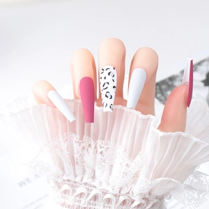 Matte long ballerina press-on nails with hot pink and leopard print designs