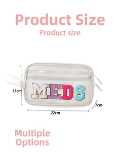 Dettaglio dimensioni pochette trucco in PVC con ricamo MEDS, misure compatte 22x13x7 cm