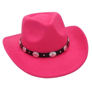 Detail of fuchsia felt cowboy hat featuring black leather band and silver metal conchos