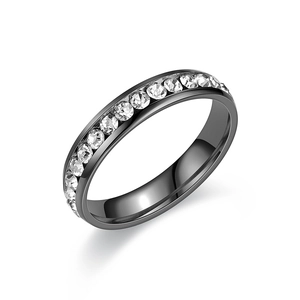 Minimalist black titanium steel band ring encrusted with sparkling cubic zirconia stones