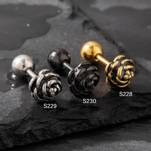 Men's stainless steel rose earrings in vintage silver, matte black, and gold-black finish