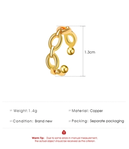 Detalles técnicos del pendiente de clip doble de cobre dorado con peso y talla