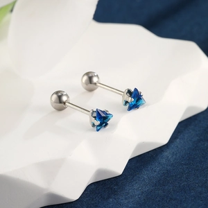 Macro shot of triangle blue crystal stud earrings with stainless steel screw backs