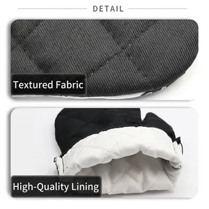 Thick quilted kitchen oven mitts with heat resistant black twill and soft cotton lining